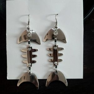 Fish Bone Long Dangly Earrings with Rhinestone Eye
